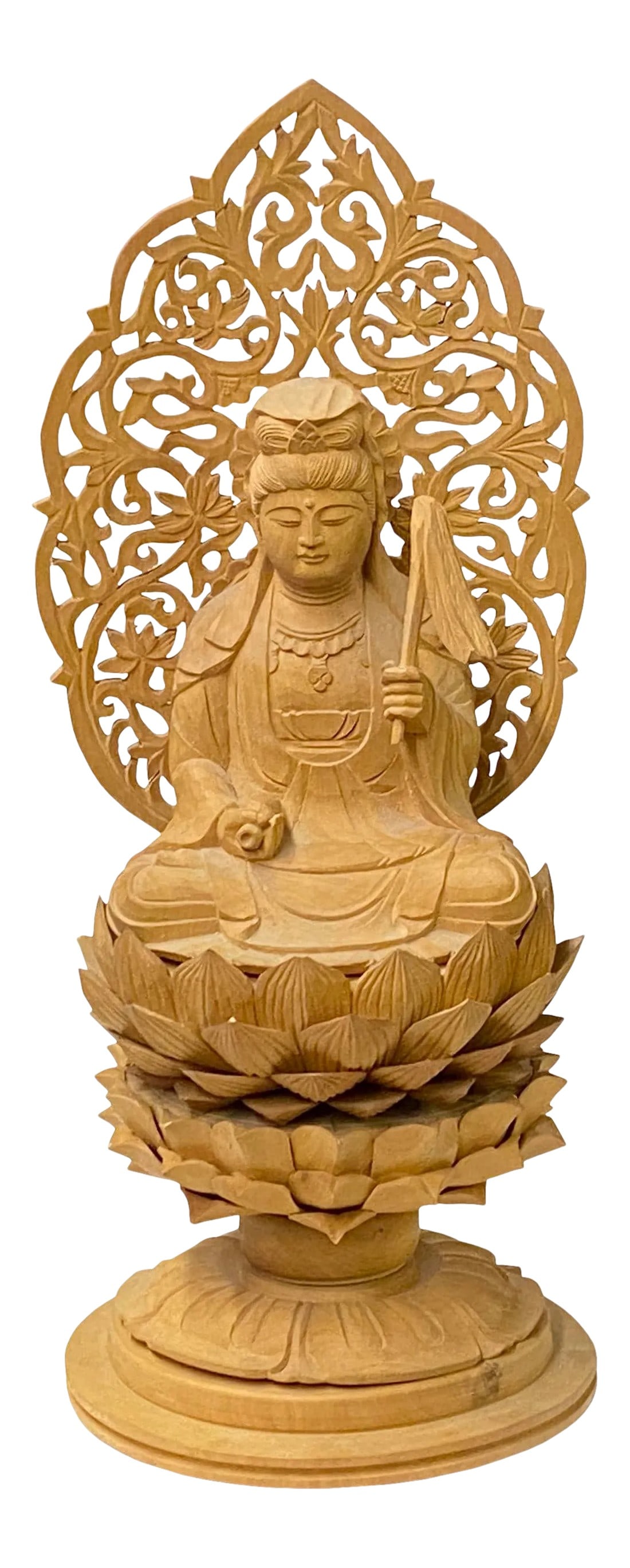 Chinese Sandal Wood Lotus Base Kwan Yin Bodhisattva Statue: This is a wooden Kwan Yin Bodhisattva Buddha statue carved from sandalwood with original wood color. The lotus base pedestal and the ornamental carved back panel enhance the serenity of the statue.