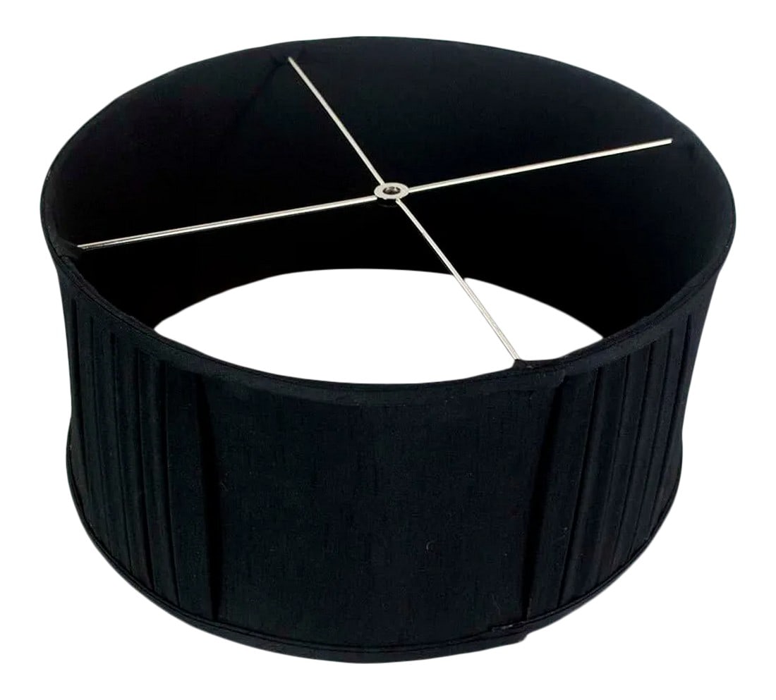 Shallow Drum Lamp Shade - Intermittent Pleats: Black shallow drum lamp shade. There are groups of 6 one inch pleats every eight inches all around (difficult to see in photos.) The fabric appears to be raw silk (textured.) Measurements: 