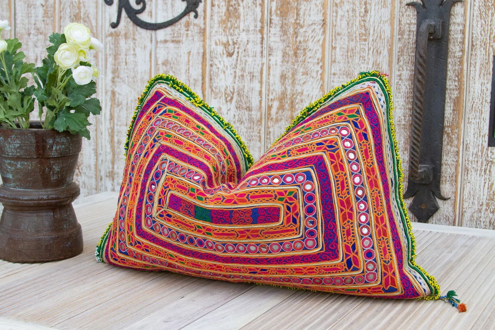 Olivia Thar Silk Embroidered Antique Pillow - 5