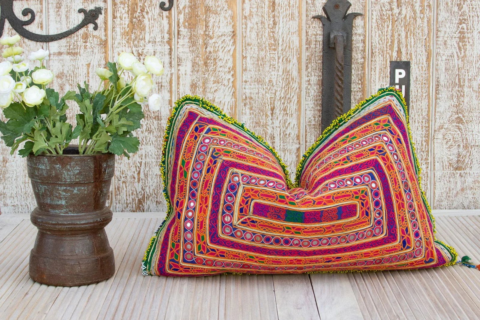 Olivia Thar Silk Embroidered Antique Pillow - 8