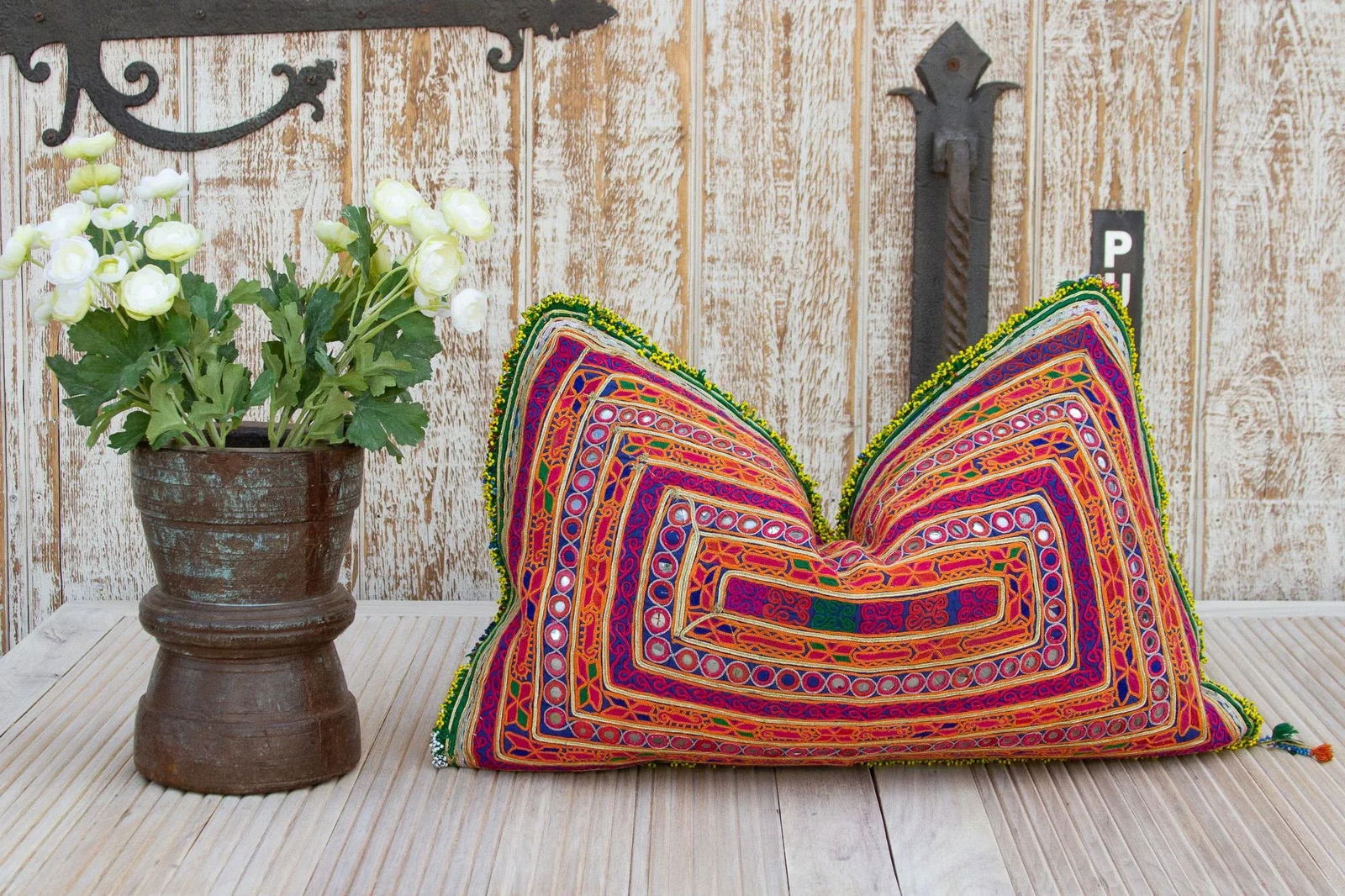 Olivia Thar Silk Embroidered Antique Pillow - 9