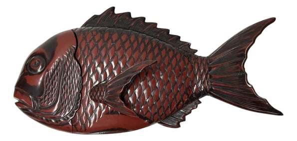 Vintage Asian Black Red Lacquer Fish Shape Storage Accent Box