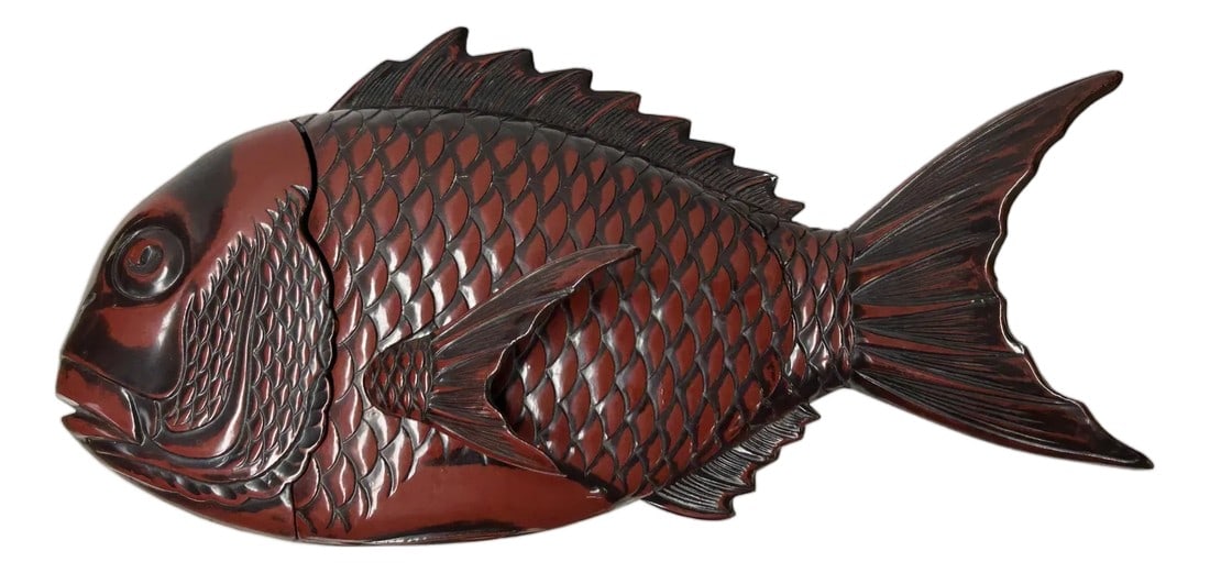 Vintage Asian Black Red Lacquer Fish Shape Storage Accent Box: Elevate your decor with this striking Japanese-style red lacquer fish box, a masterpiece of traditional craftsmanship. Hand-carved to capture the dynamic essence of a swimming fish, its surface is
