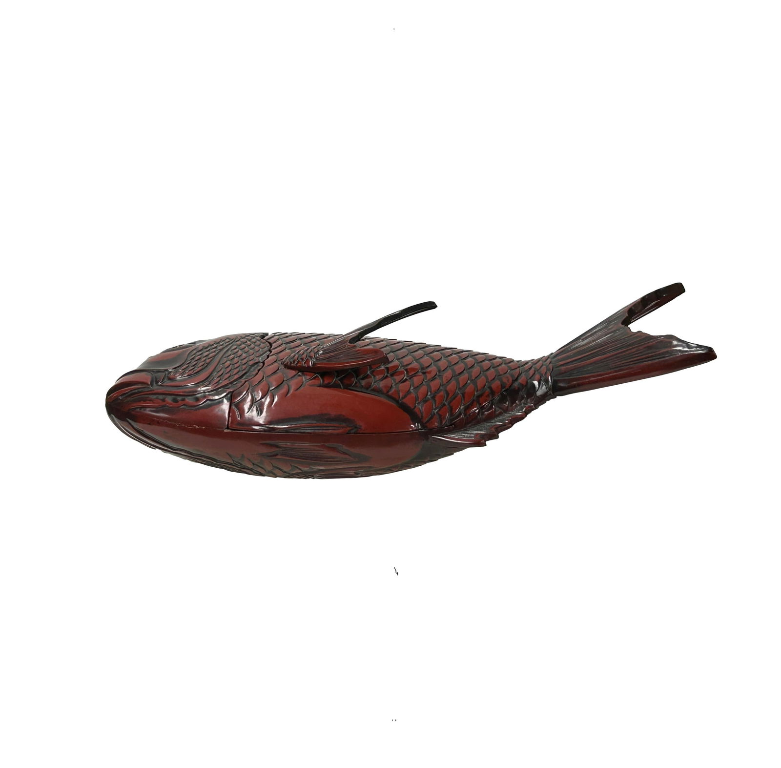 Vintage Asian Black Red Lacquer Fish Shape Storage Accent Box - 2