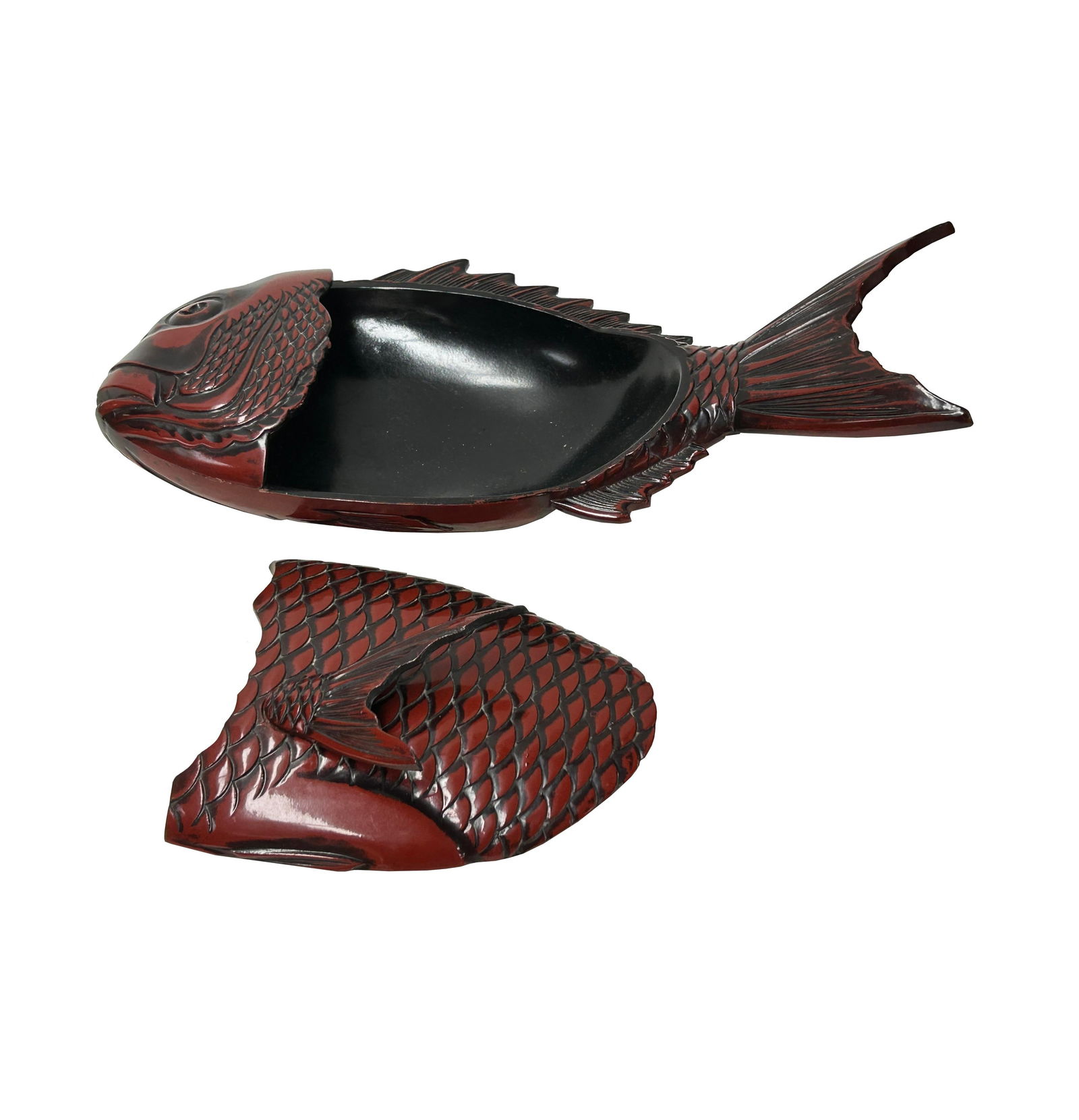 Vintage Asian Black Red Lacquer Fish Shape Storage Accent Box - 4