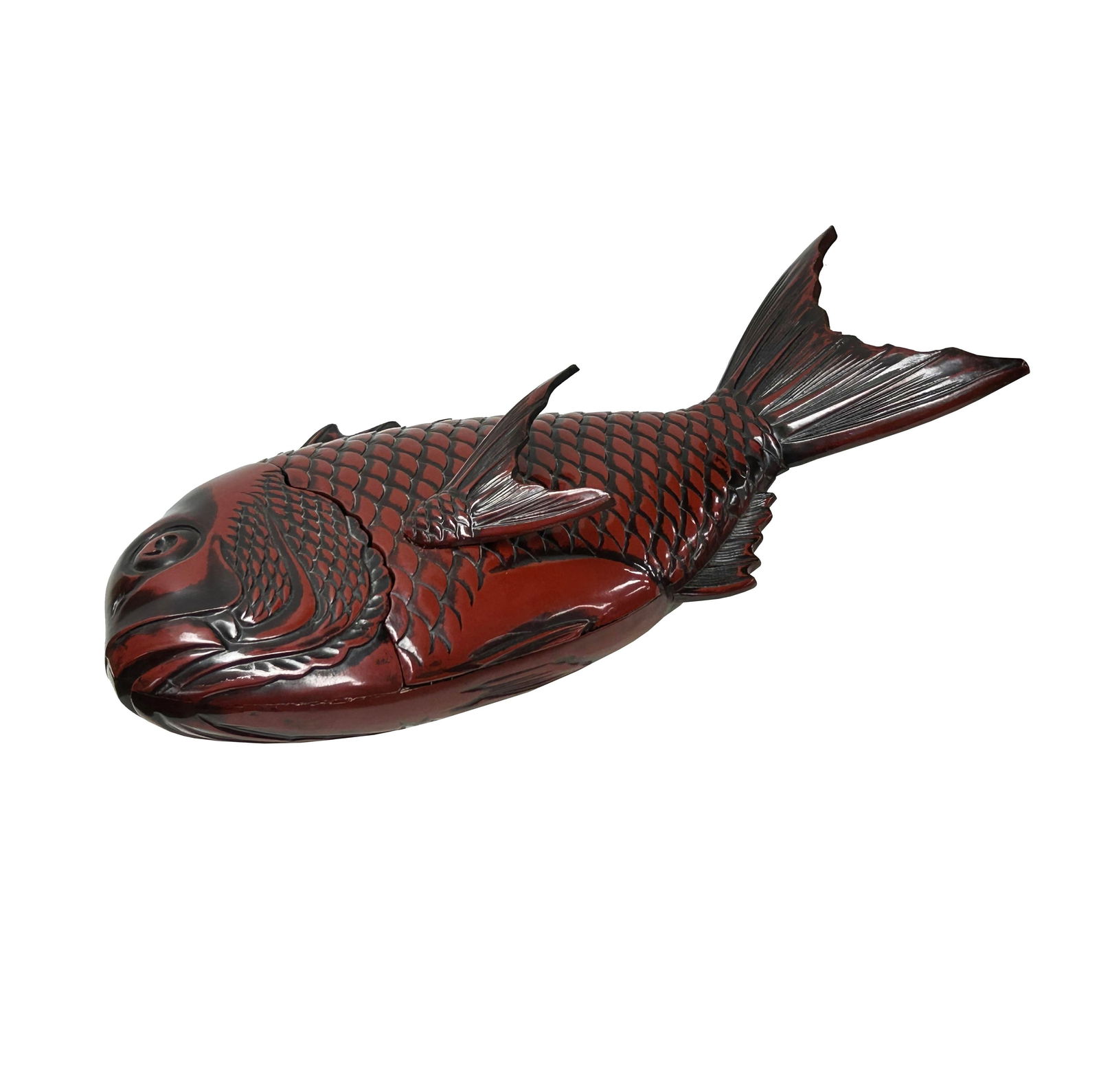 Vintage Asian Black Red Lacquer Fish Shape Storage Accent Box - 5