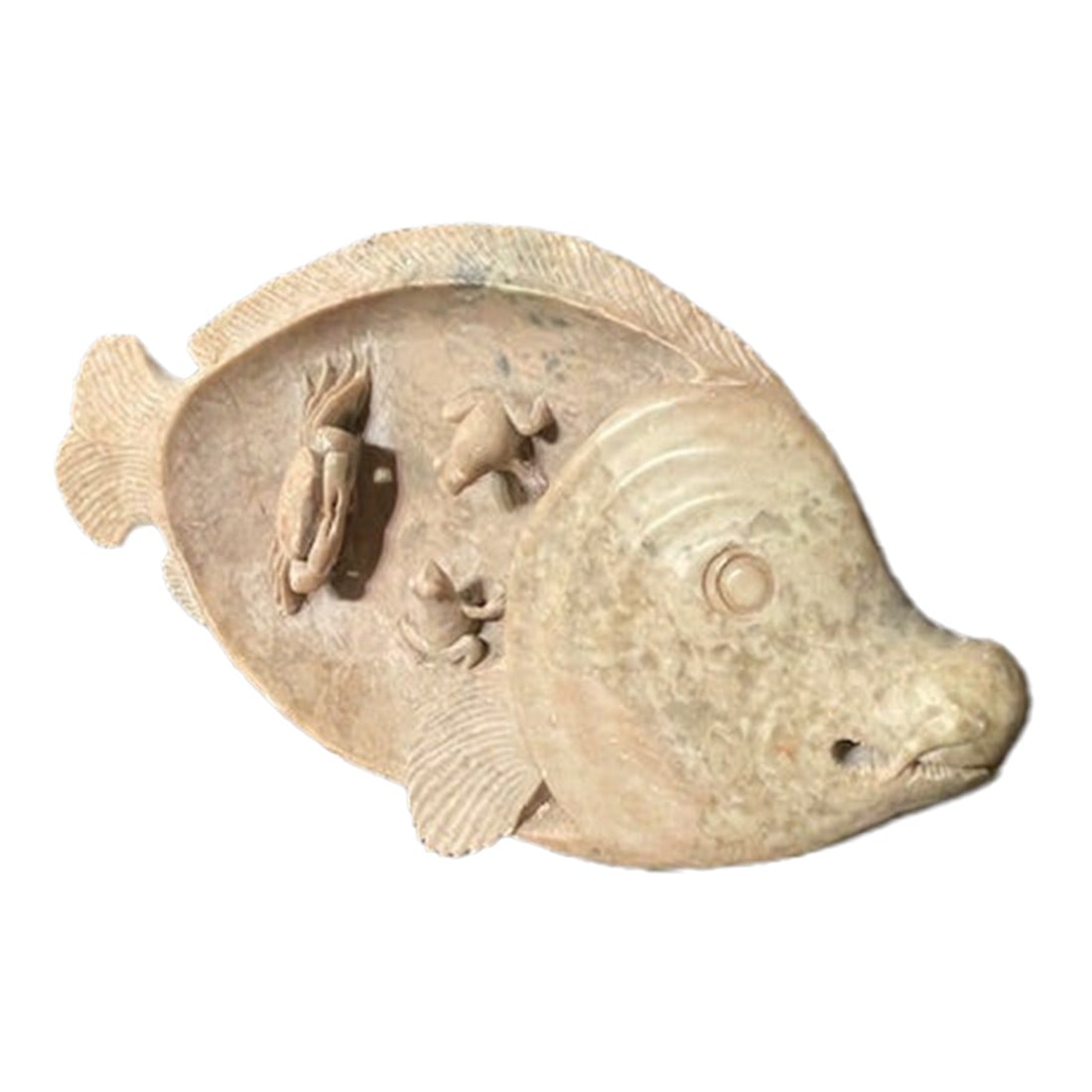 An Antique Japanese Soapstone Koi With Crab & Frogs: Very well-executed soapstone art dating to the start of the 20th Century, or earlier. Beautifullly hand carved, and burnished. Another great St. Louis estate find. Condition: Alterations: Original Con