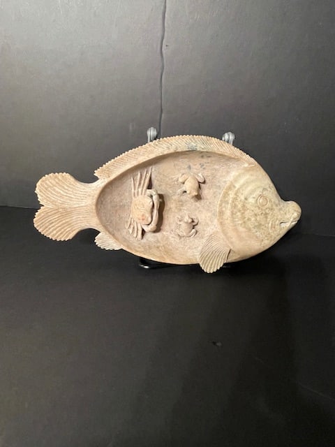 An Antique Japanese Soapstone Koi With Crab & Frogs - 9