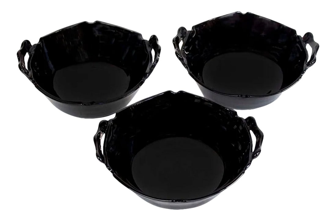 Black Depression Glass Bowls - Set of 3: Set of 3 black Depression Glass bowls with handles. Sleek mid-century design. Condition: Alterations: Original Condition Unaltered Imperfections: Some Imperfections Condition Notes: no chipa 