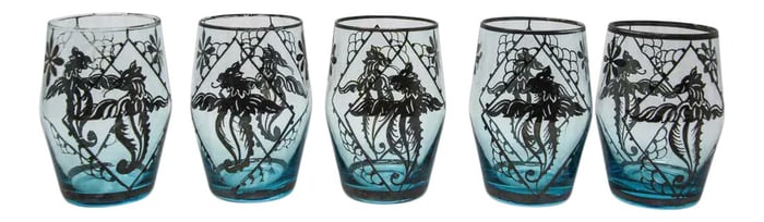 Blue Enamelled Bohemian Glass Liquor Glasses