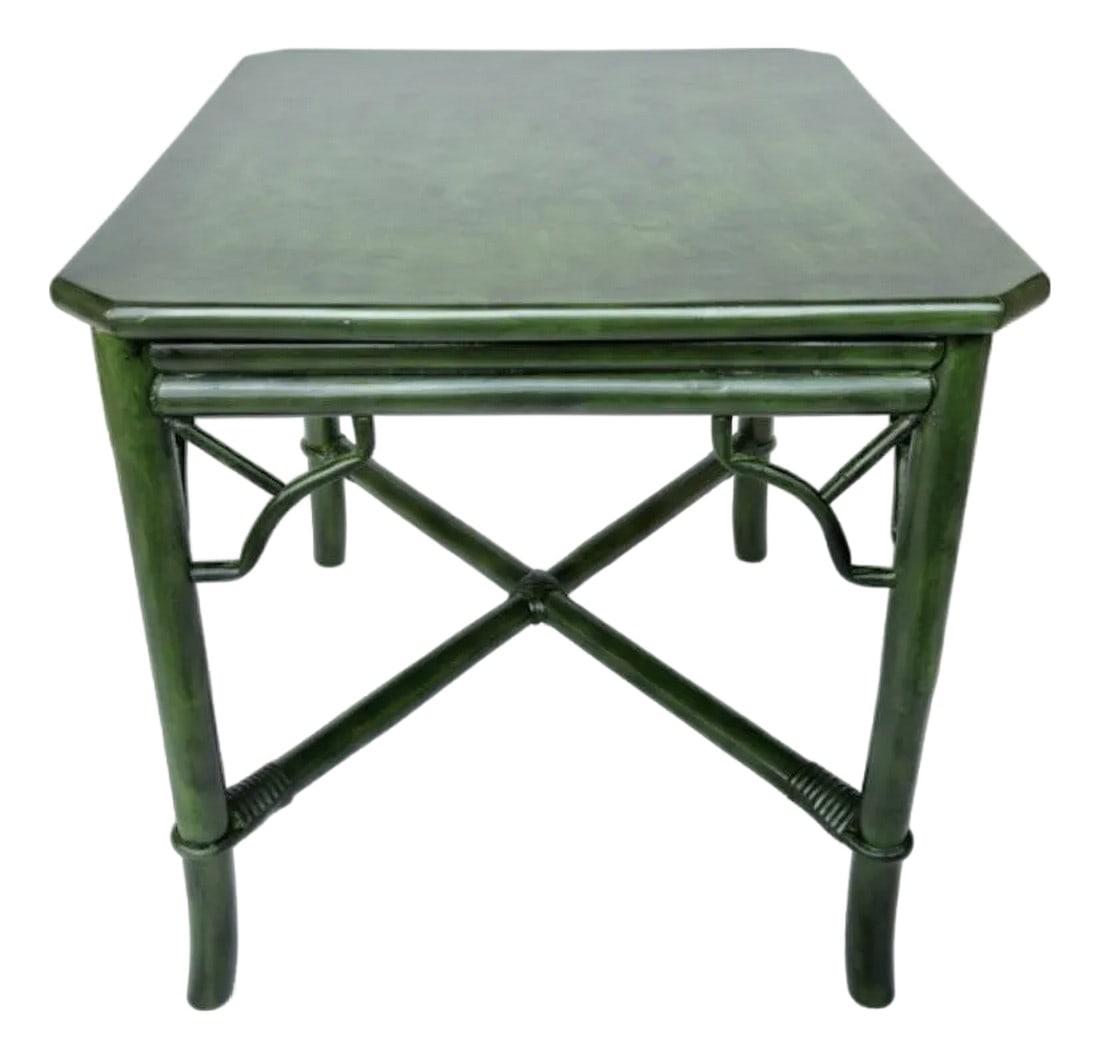 Luxurious Vintage Mid Century Rattan Side Table With Deep Verdant Lacquer Finish - Newly Painted: Indulge in timeless elegance with this exquisite vintage rattan side table, expertly curated by Turtle and Crane. This piece is not merely furniture; it embodies a true work of decorative art that