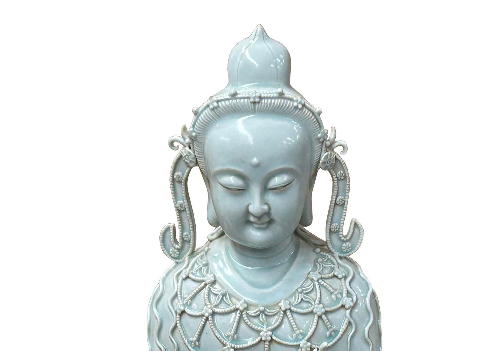 Pale Celadon White GuanYin Bodhisattva Tong Style Porcelain Statue - 2