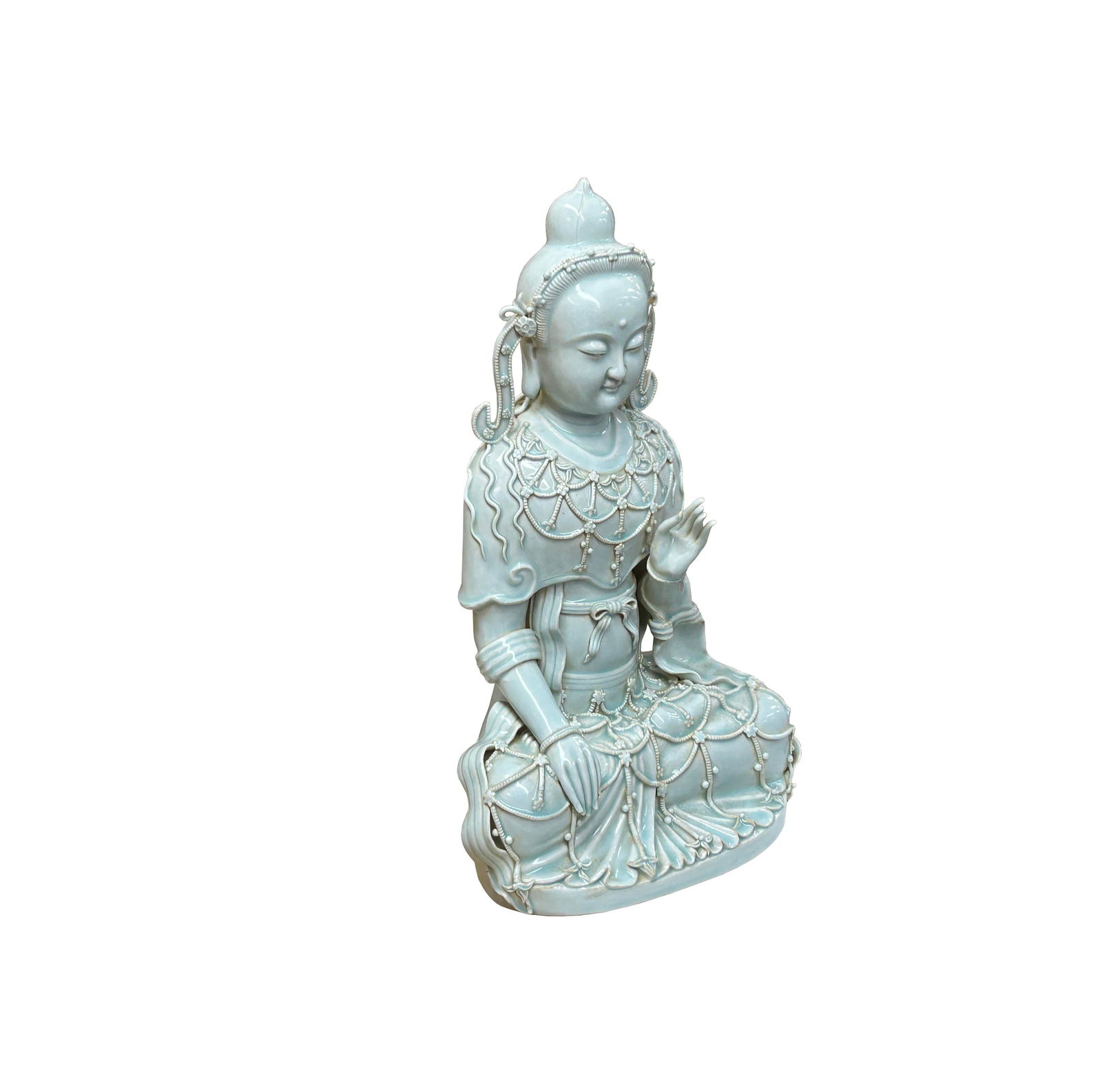 Pale Celadon White GuanYin Bodhisattva Tong Style Porcelain Statue - 3