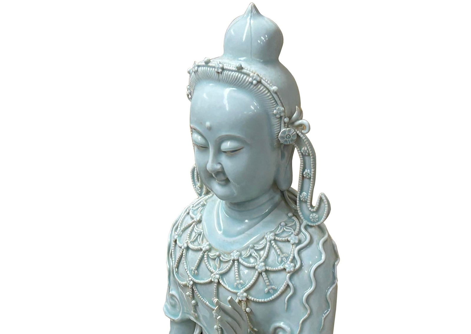 Pale Celadon White GuanYin Bodhisattva Tong Style Porcelain Statue - 8