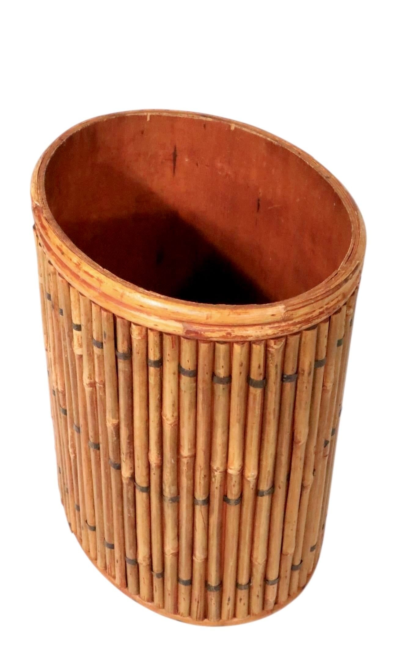Vintage Split Reed Stick Wicker Trash Can - 10