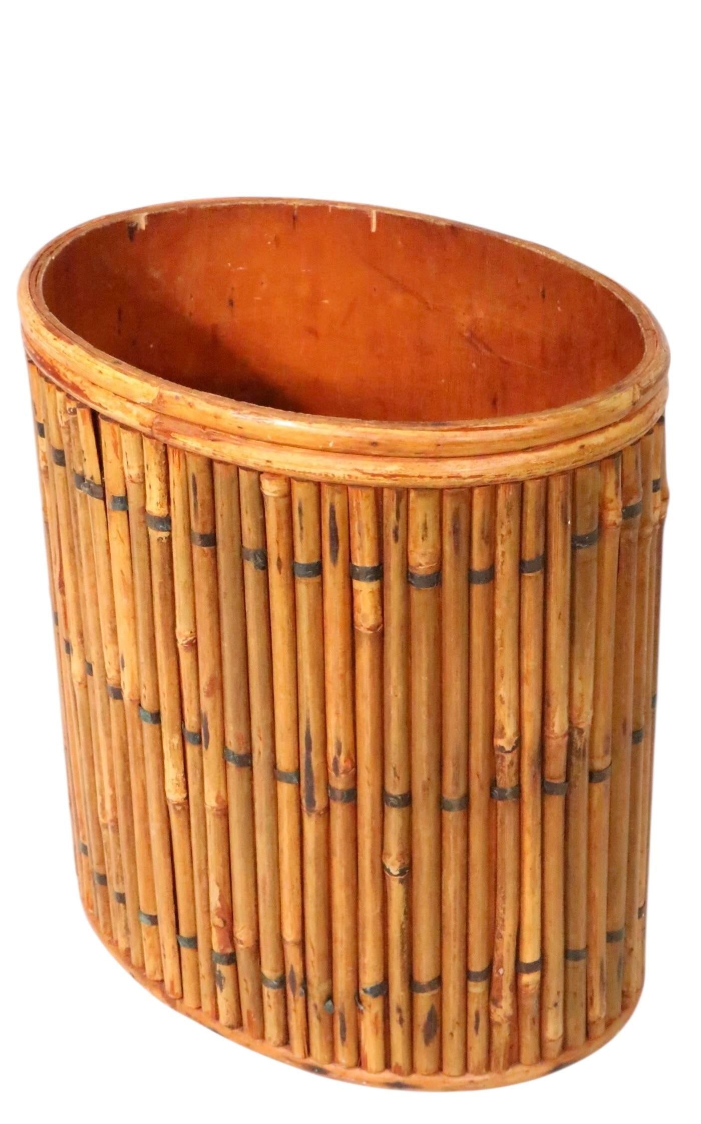 Vintage Split Reed Stick Wicker Trash Can - 11