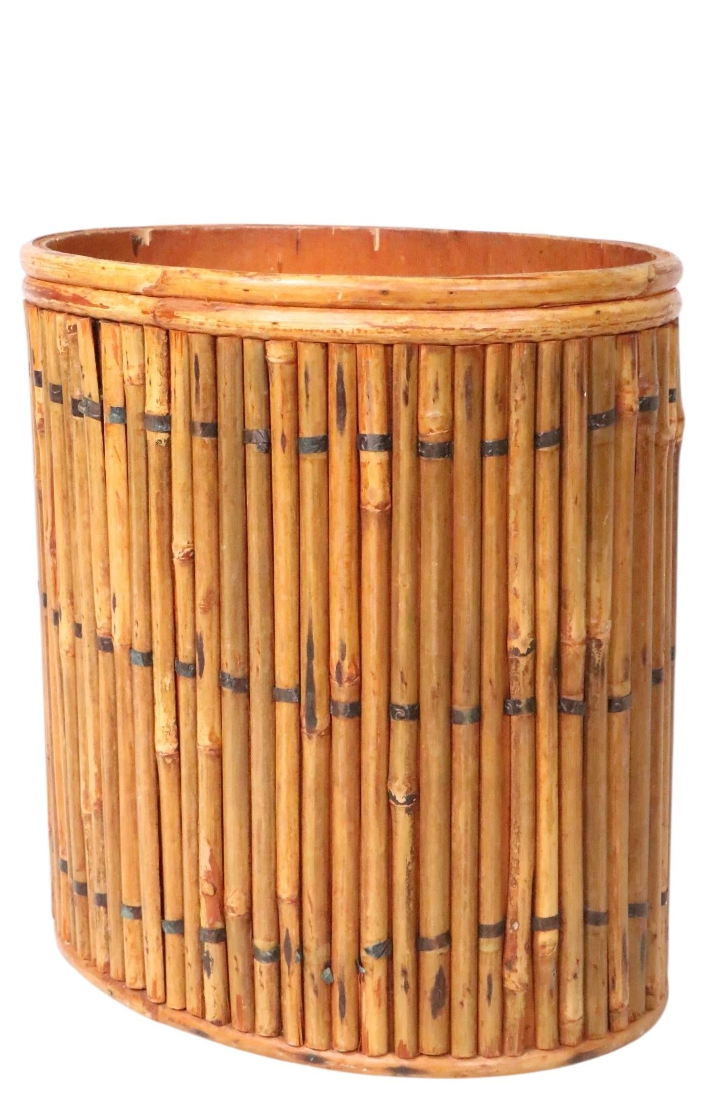 Vintage Split Reed Stick Wicker Trash Can - 12