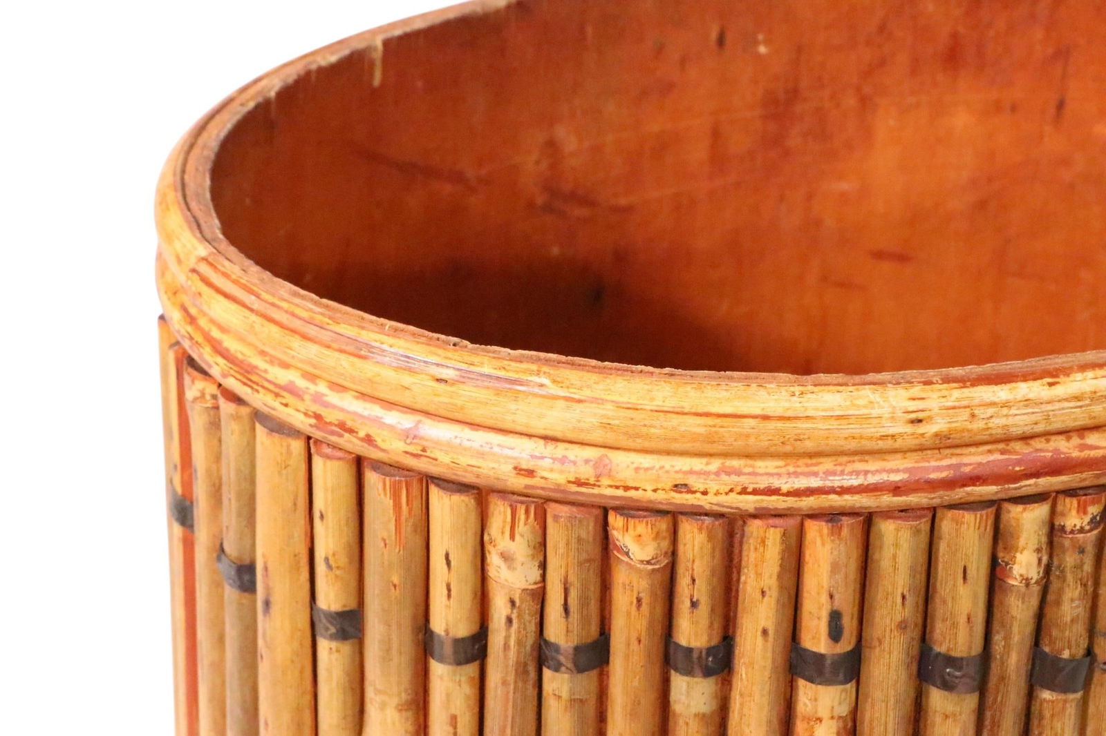 Vintage Split Reed Stick Wicker Trash Can - 14