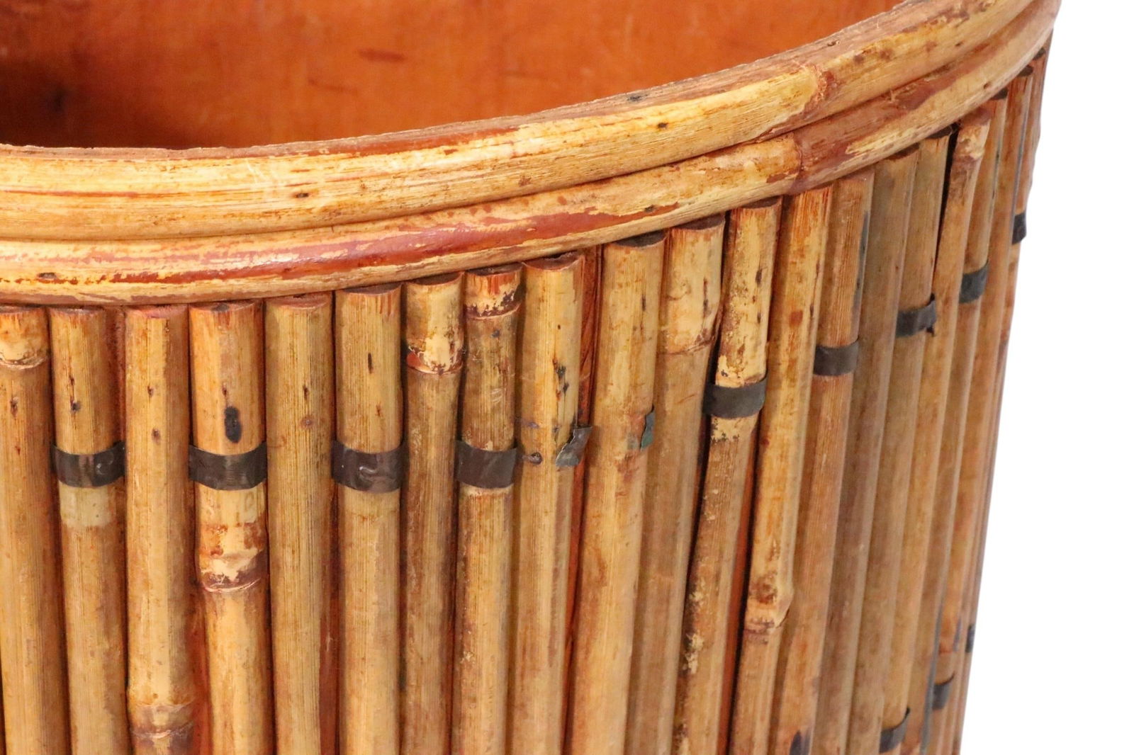 Vintage Split Reed Stick Wicker Trash Can - 16