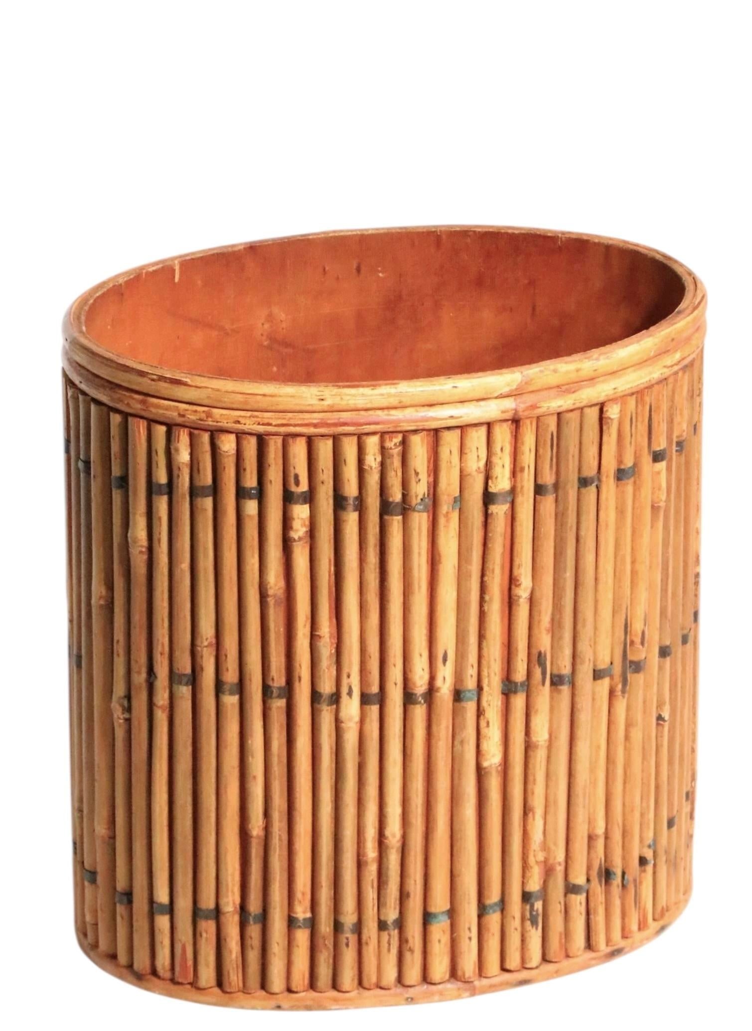 Vintage Split Reed Stick Wicker Trash Can - 4
