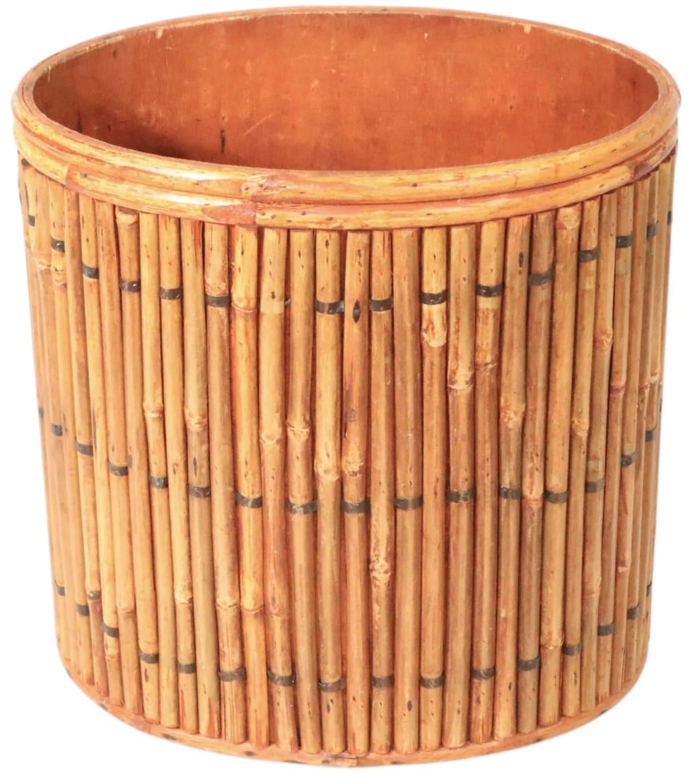 Vintage Split Reed Stick Wicker Trash Can - 5