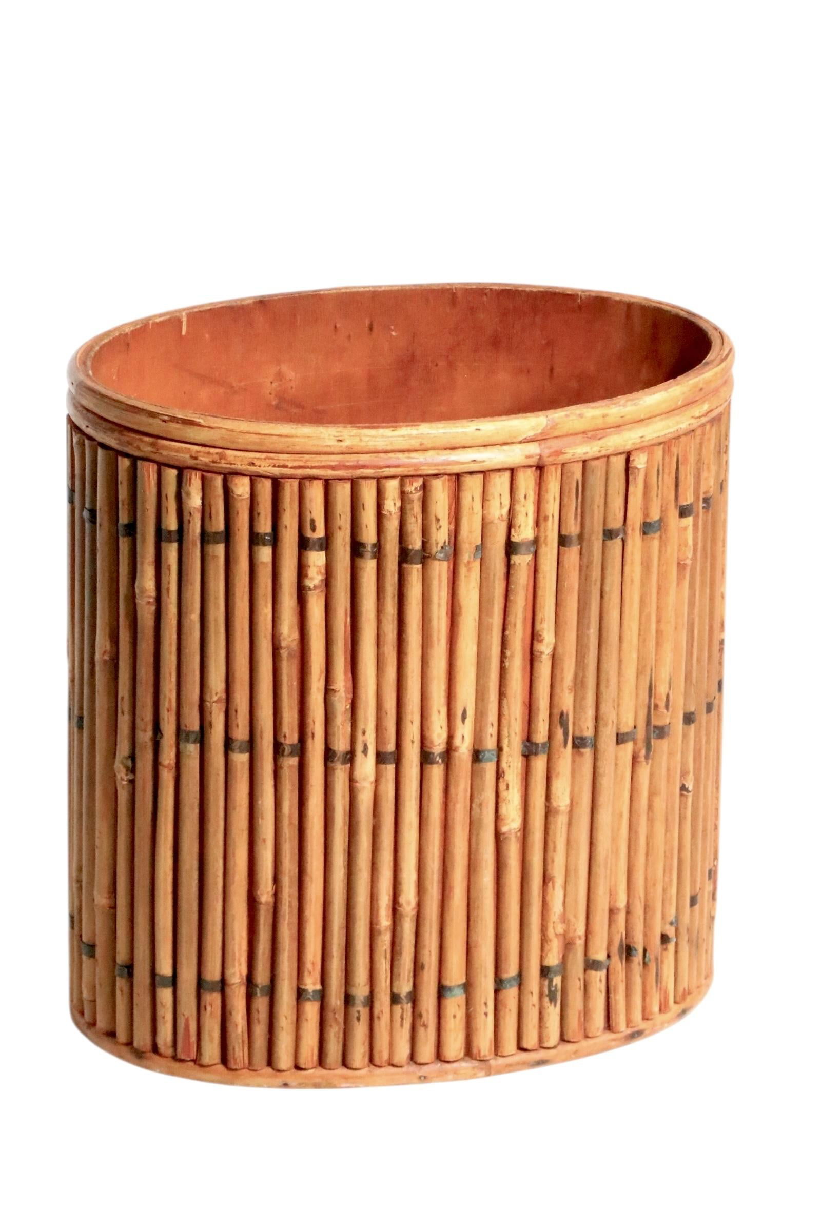 Vintage Split Reed Stick Wicker Trash Can - 6