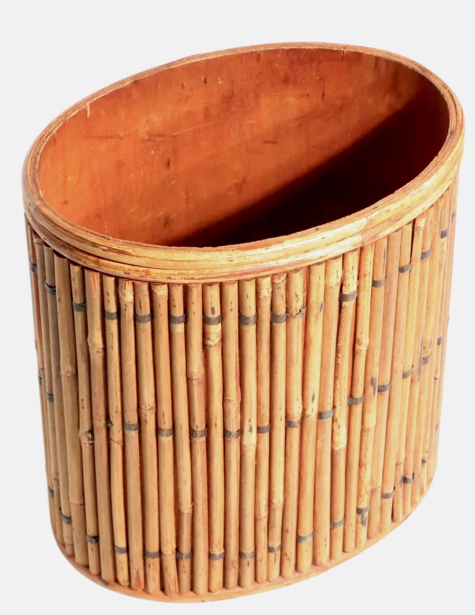 Vintage Split Reed Stick Wicker Trash Can - 7
