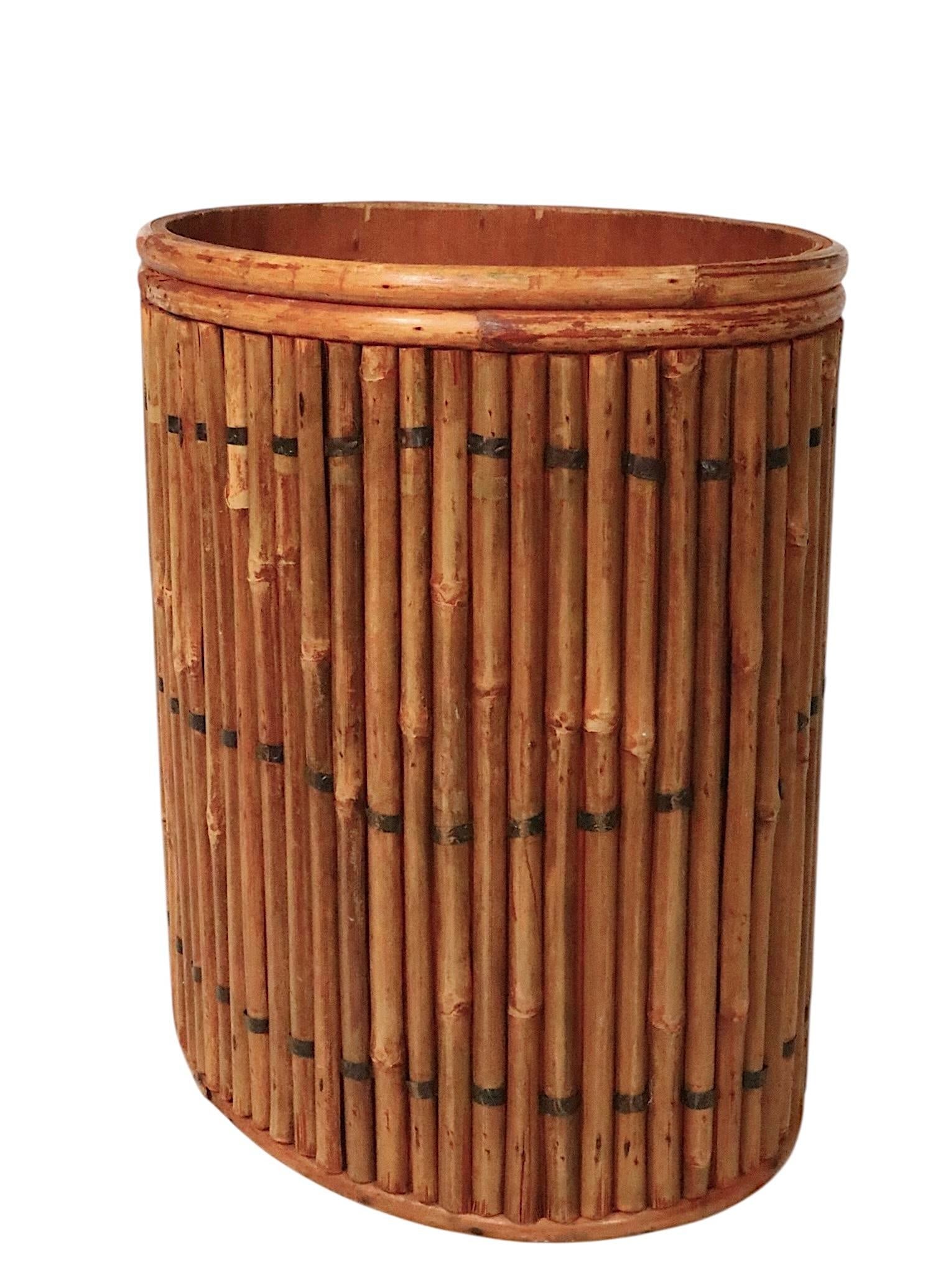 Vintage Split Reed Stick Wicker Trash Can - 8