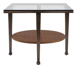 Modern Greg Sheres Style Bronze and Walnut End Table with Glass Top