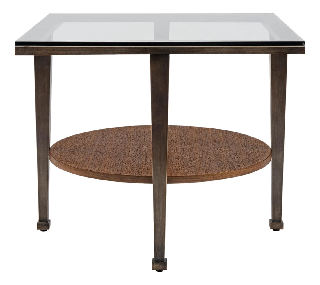 Modern Greg Sheres Style Bronze and Walnut End Table with Glass Top: Modern Bronze and Walnut End table with Glass top designed by Greg Sheres. In Stock. The "Manhattan" lamp table is a beautiful combination of walnut, stainless steel with an antique bronze finish, and