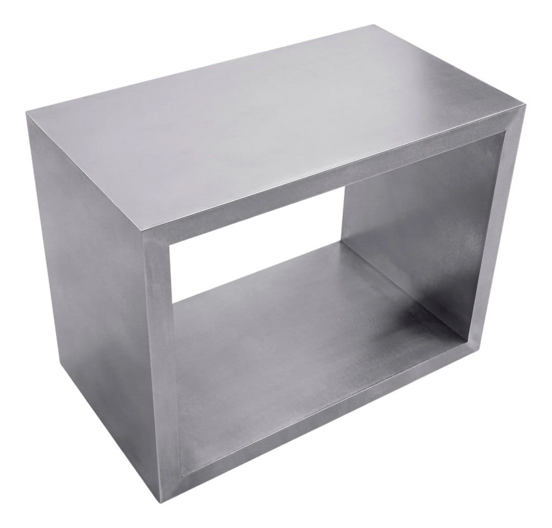 Modern Greg Sheres Style Stainless Steel End Table with Shelf: Modern Stainless Steel End Table with Shelf designed by Greg Sheres. The "Piero" side table is a beautifully scaled simple rectangular form. Both horizontal surfaces are usable for storage, display,