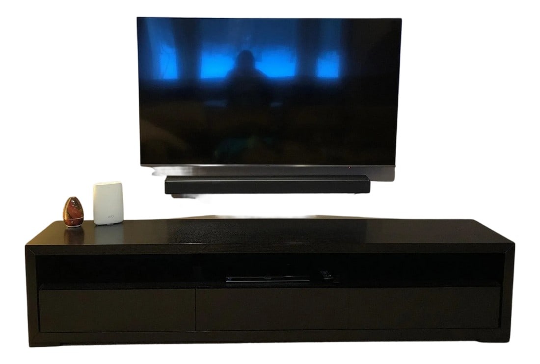 Modern Greg Sheres Style Entertainment Platform for TV: Entertainment platform for TV designed by Greg Sheres. In stock now. This is our classic television platform. A long and sleek design containing 3 compartments for A/V equipment and 3 drawers for