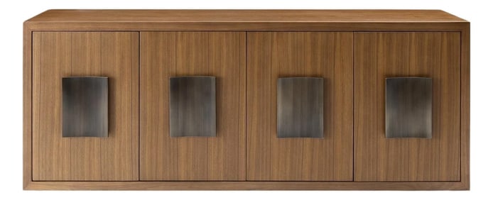 Modern Greg Sheres Style Walnut Buffet with Bronze Pulls and Plinth Base