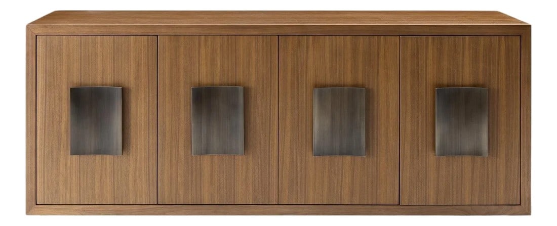 Modern Greg Sheres Style Walnut Buffet with Bronze Pulls and Plinth Base: Modern Walnut Buffet with Bronze pulls and plinth by Designer Greg Sheres. The handsome "Cordoba" Buffet features authentic walnut wood paired with beautiful antique bronze accents. The simple