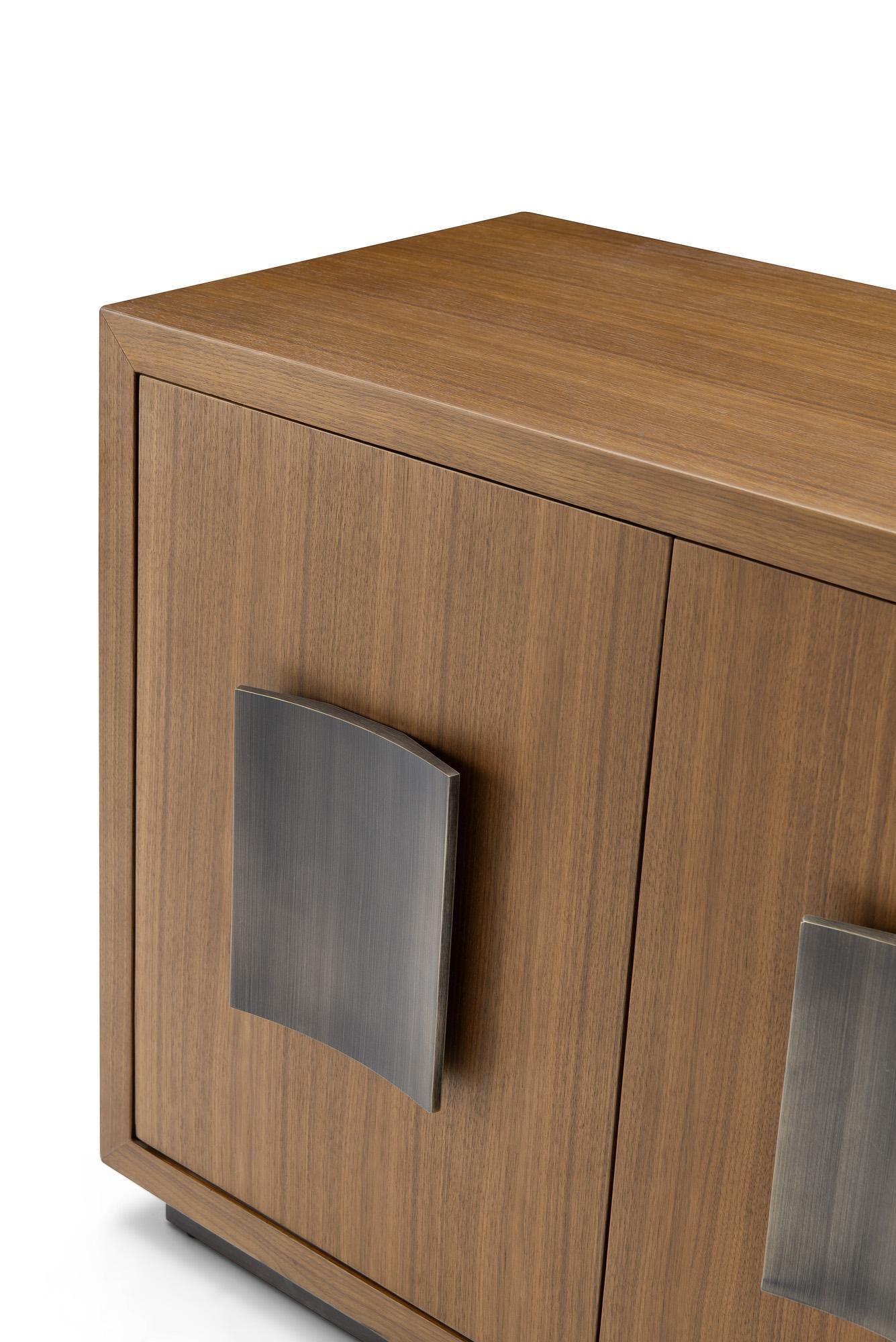 Modern Greg Sheres Style Walnut Buffet with Bronze Pulls and Plinth Base - 3