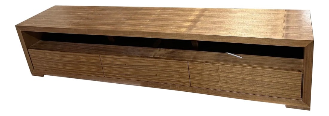 Modern Greg Sheres Style Walnut Entertainment Platform for TV: Entertainment platform for TV designed by Greg Sheres. In stock now. This is our classic television platform. A long and sleek design containing 3 compartments for A/V equipment and 3 drawers for