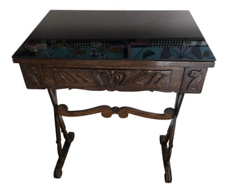 Antique English Carved Oak End Table With Crown and Black Glass Top