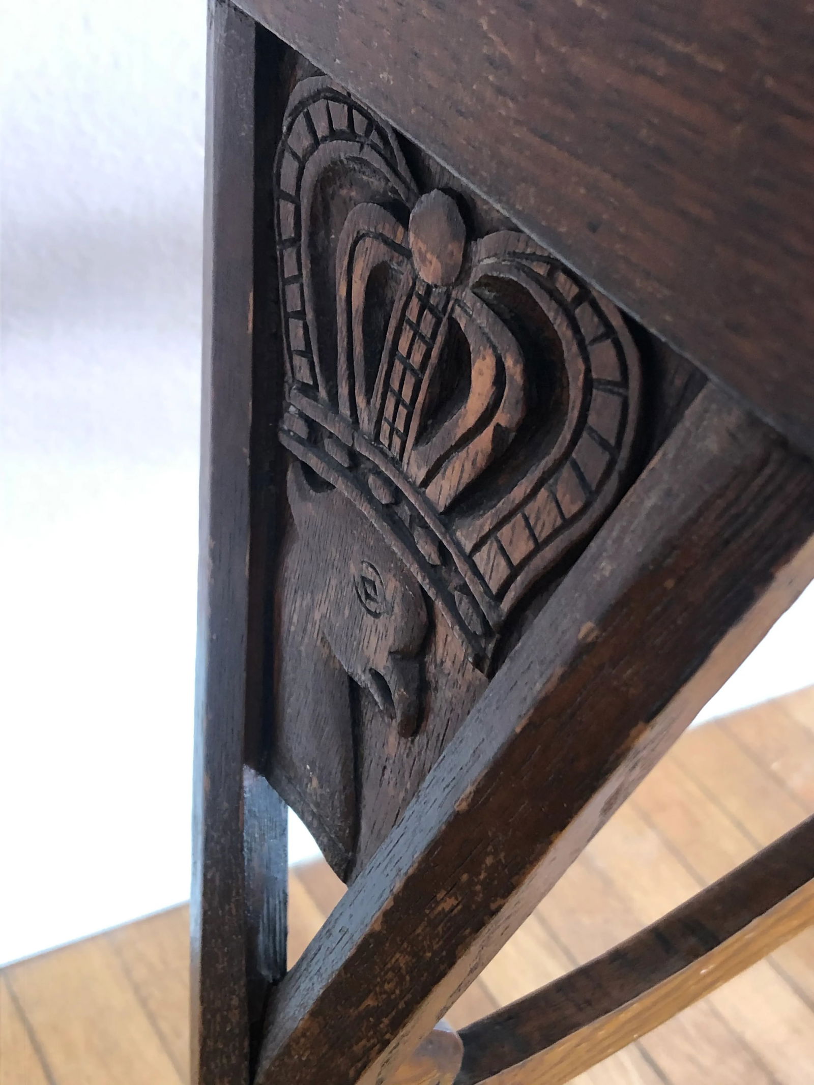 Antique English Carved Oak End Table With Crown and Black Glass Top - 5