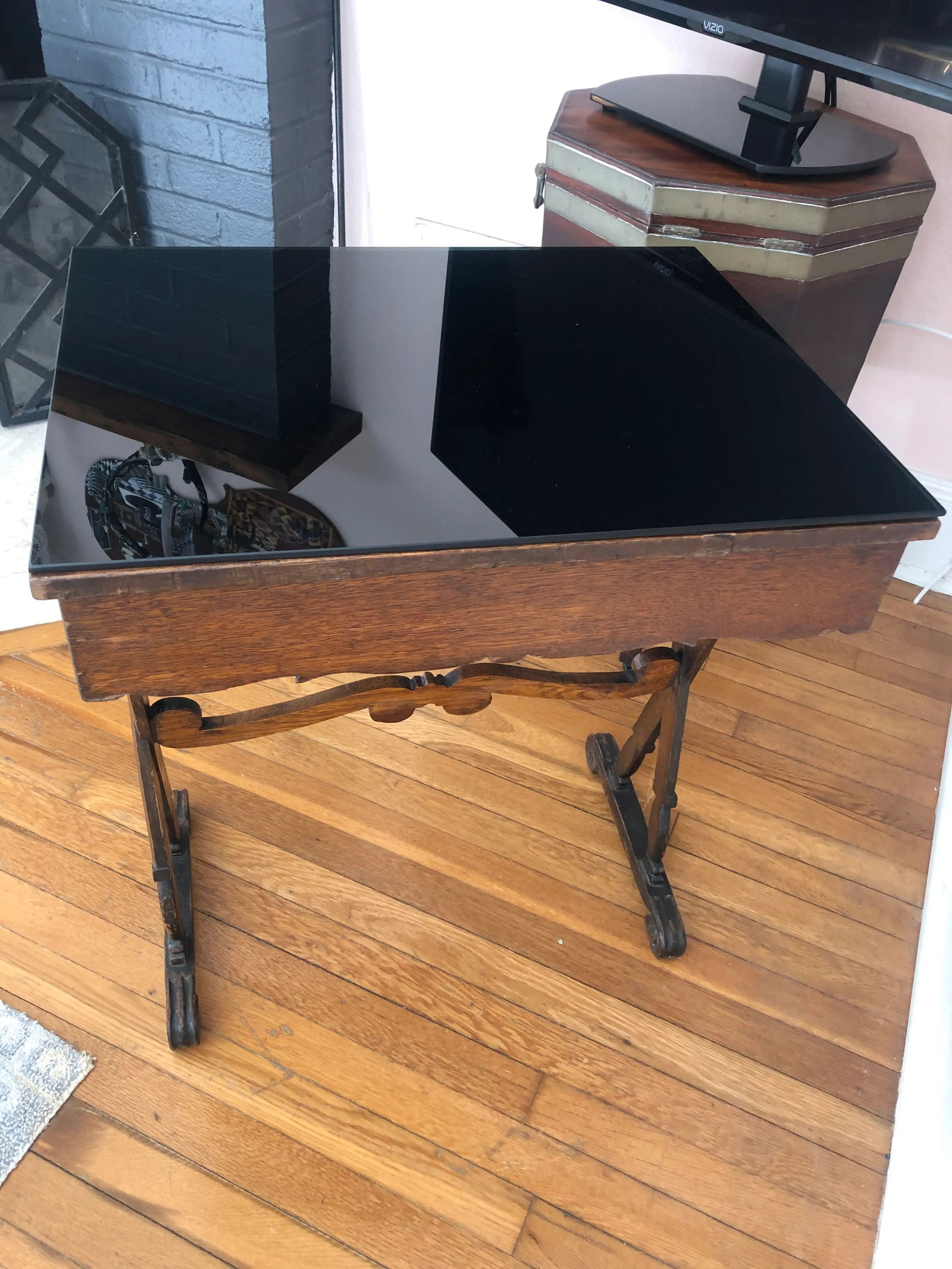 Antique English Carved Oak End Table With Crown and Black Glass Top - 9