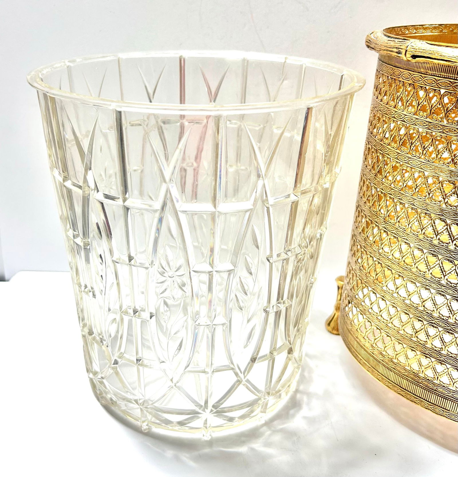 1950s Hollywood Regency Gold Metal Filigree & Bamboo Footed Wastebasket - 11