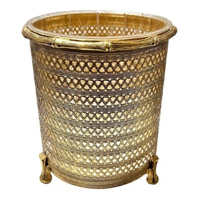 1950s Hollywood Regency Gold Metal Filigree & Bamboo Footed Wastebasket