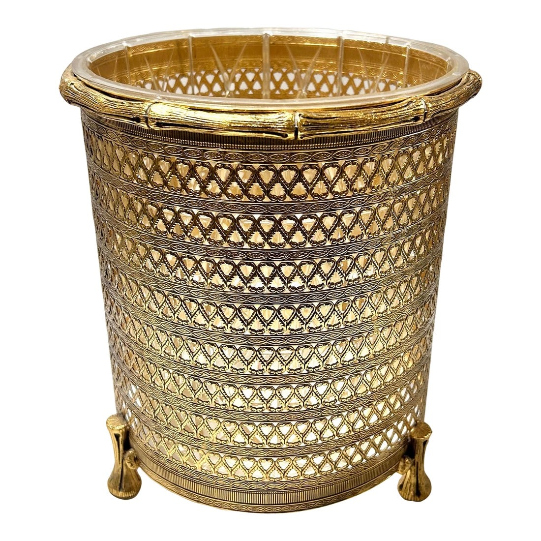 1950s Hollywood Regency Gold Metal Filigree & Bamboo Footed Wastebasket: A beautiful and elegant wastebasket. The plastic insert can be removed for cleaning. The Art Nouveau motif is very intricate and stylish. The added bamboo detailing on the rim and feet add to it's