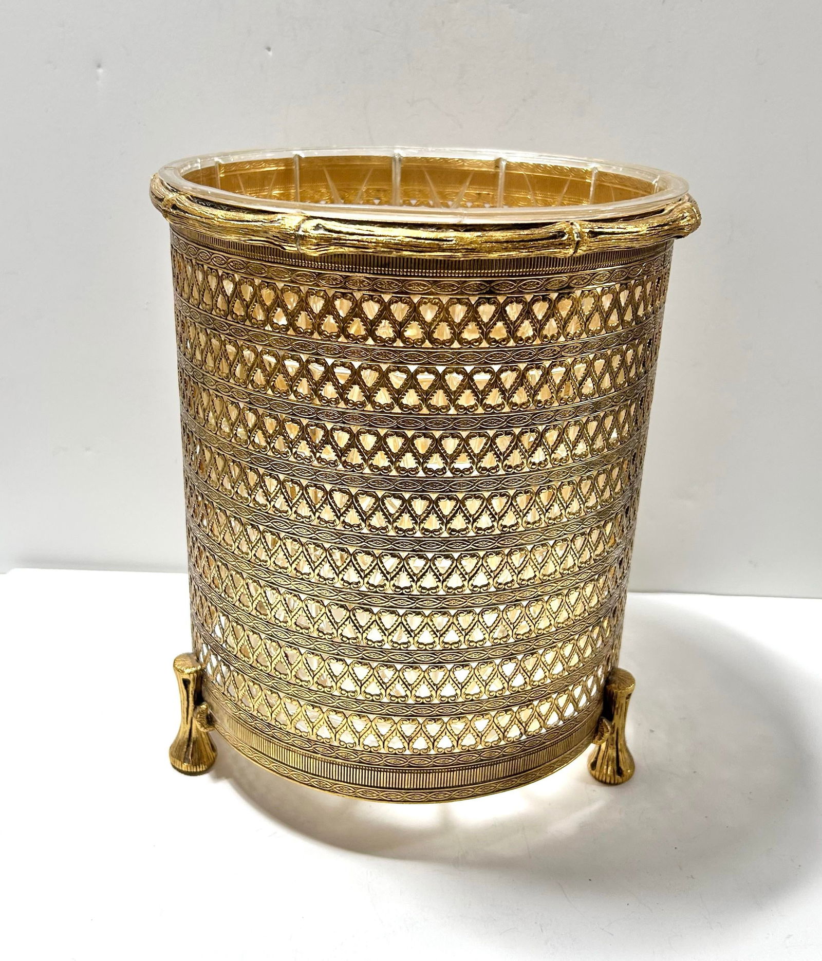 1950s Hollywood Regency Gold Metal Filigree & Bamboo Footed Wastebasket - 2