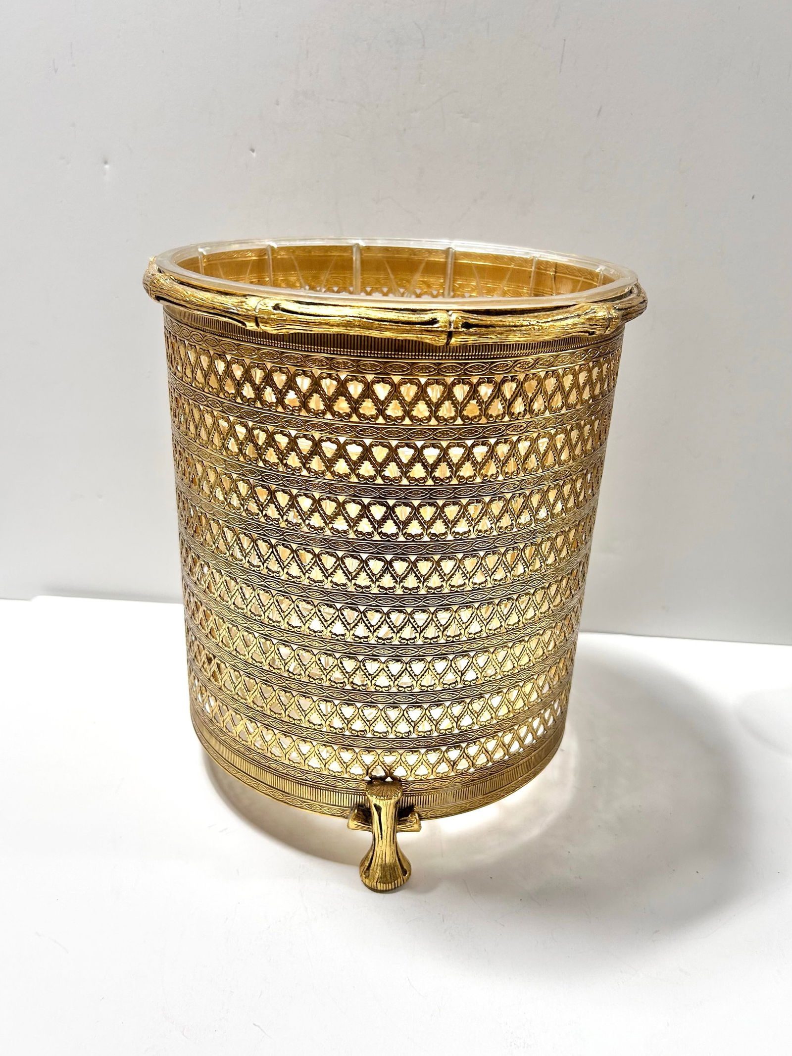 1950s Hollywood Regency Gold Metal Filigree & Bamboo Footed Wastebasket - 3