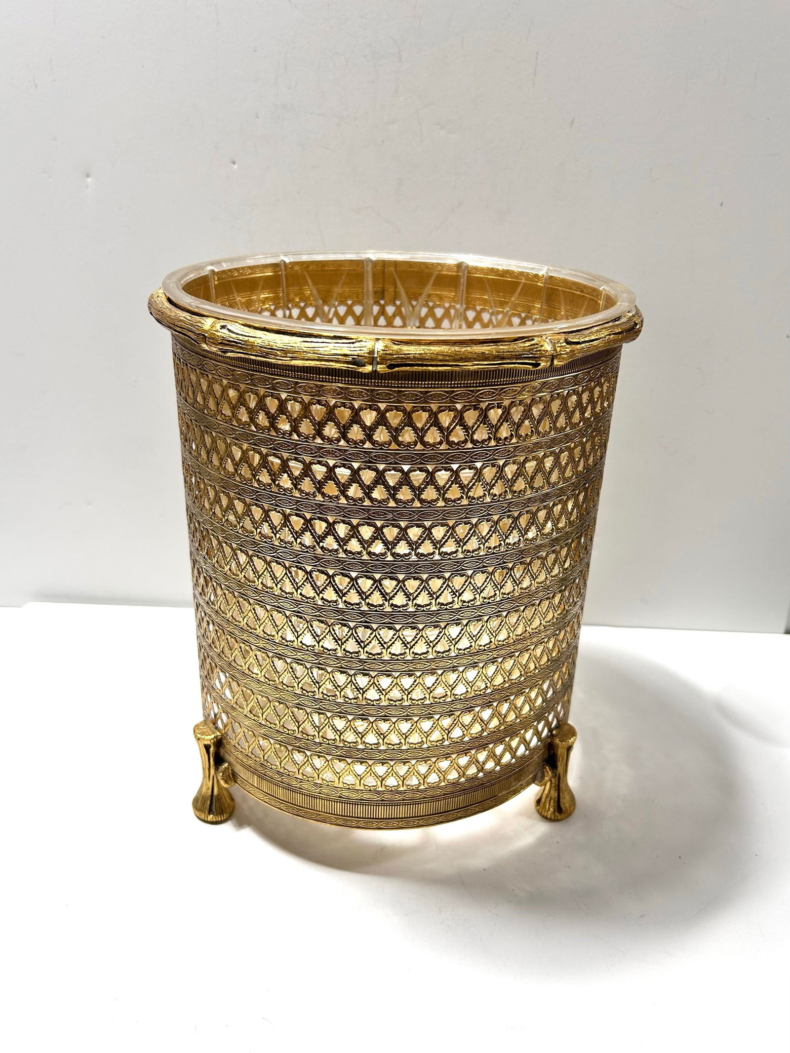 1950s Hollywood Regency Gold Metal Filigree & Bamboo Footed Wastebasket - 4