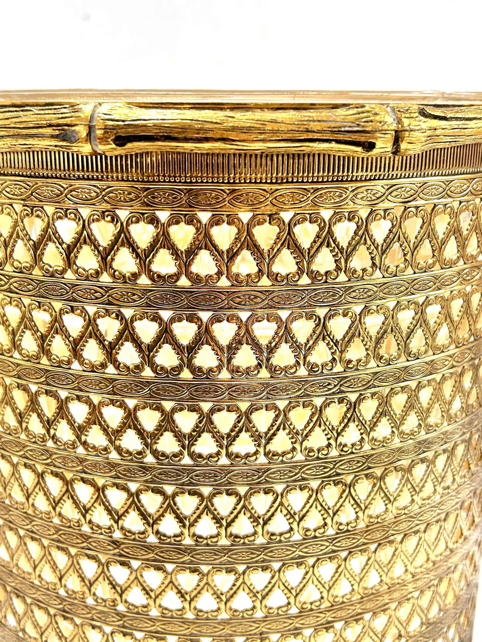 1950s Hollywood Regency Gold Metal Filigree & Bamboo Footed Wastebasket - 5