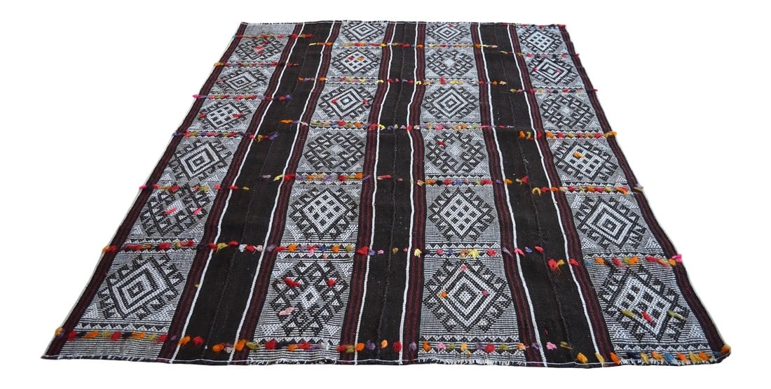 Vintage Primitive Kilim Hand-Woven Rug - 5'2" X 7': Vintage Turkish handmade Kilim rug - a wool on cotton and goat hair, Turkish Kilim rug that is in used condition. Size: 62" x 84" Origin: anatolian kurdish age: 50-60 years old All images are of