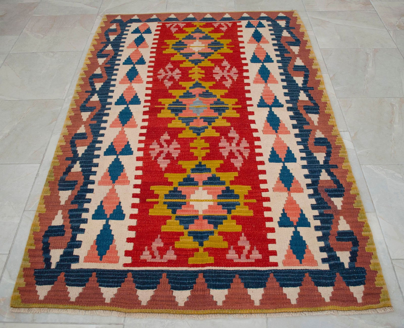 1970s Hand Woven Turkish Rug Oushak Kilim Flat Weave Wool Rug - 3"²8"³ × 5"² - 11