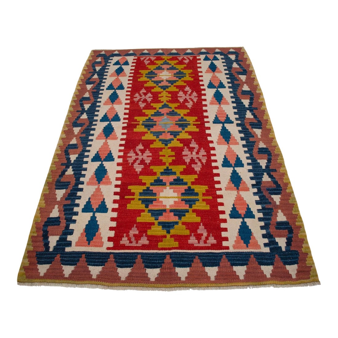 1970s Hand Woven Turkish Rug Oushak Kilim Flat Weave Wool Rug - 3"²8"³ × 5"²: Hand-woven vintage Turkish kilim from Oushak in an ideal 4x6 size, bringing cheerful geometric character and artisan texture to any relaxed boho or farmhouse-style space. This vibrant 1980s Oushak