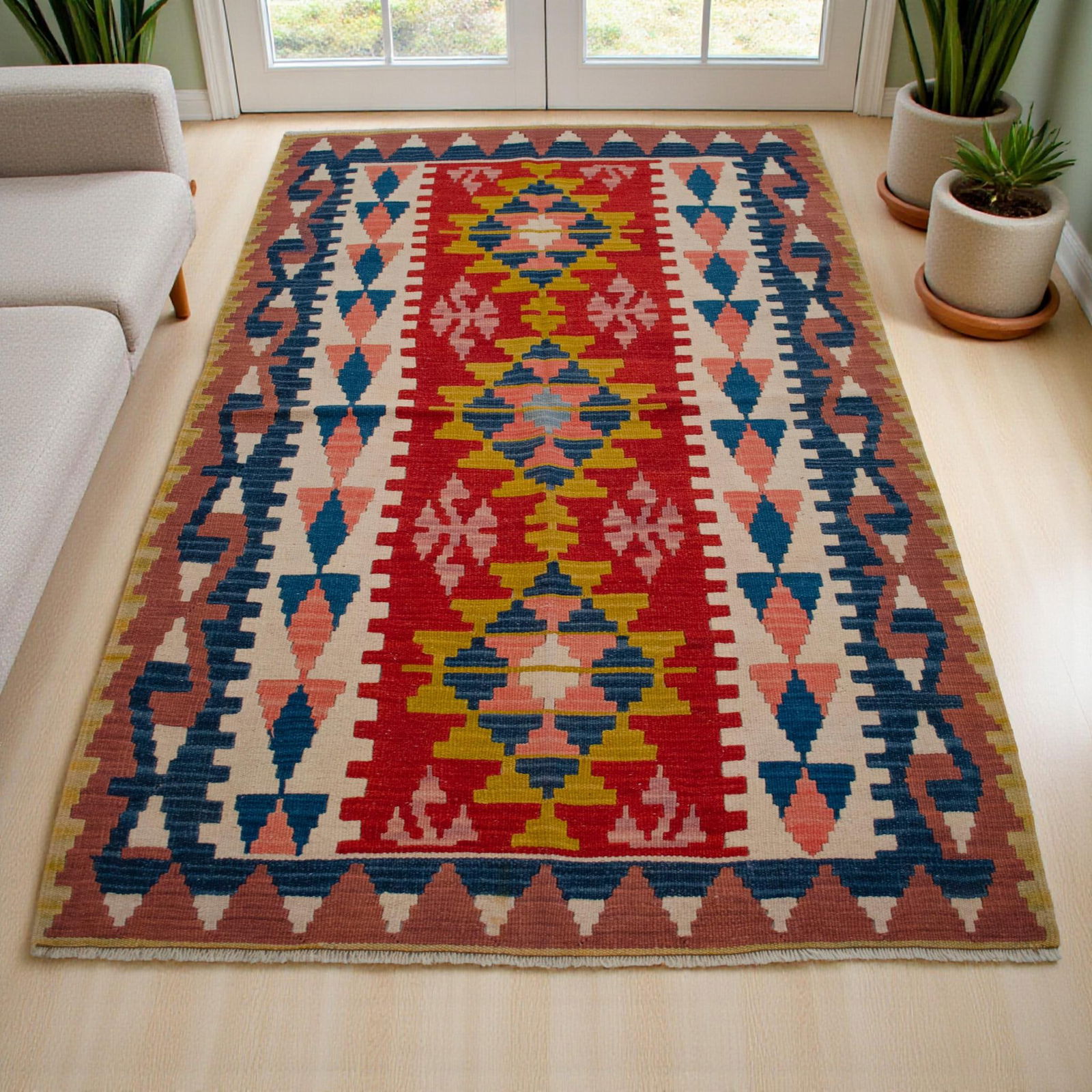 1970s Hand Woven Turkish Rug Oushak Kilim Flat Weave Wool Rug - 3"²8"³ × 5"² - 3